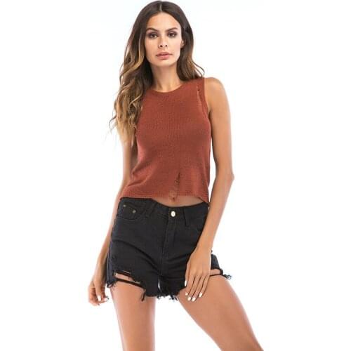 4 Colors Choices Personlized Destroyed Hole Sleeveless Women Summer Tank Top Fashion High Street Knitted Crop Tops For Ladies