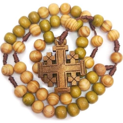 B0KB Jesus Wooden Prayer Beads 10mm Rosary Cross Necklace Pendant Woven Rope Chain Church Supplies Jewelry Accessories