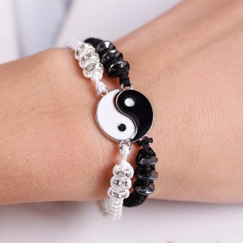2PCS Black and White Bracelet Retro Chinese Style Tai Chi Alloy Braided Wristband Men and Women Couple Fashion Jewelry