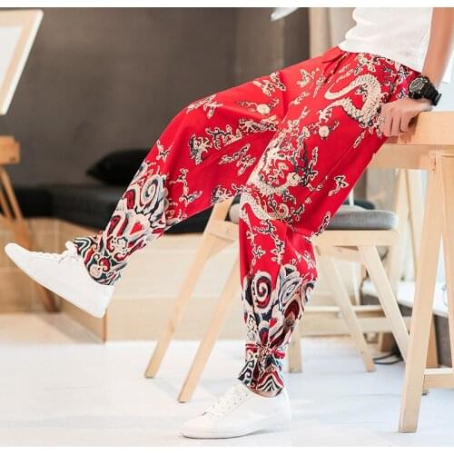 Print Pants Kimono Pants Men Japan Style Casual Thin Trousers Asian Clothing Handmade Plate Buttons Trousers