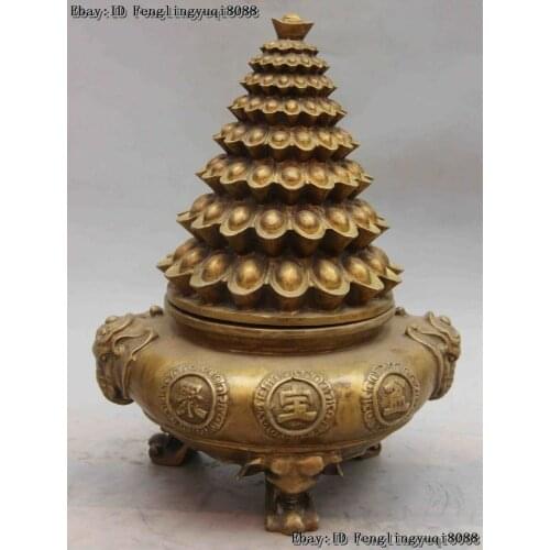 Chinese Folk Bronze Copper elephant treasure bowl YuanBao incense burner censer