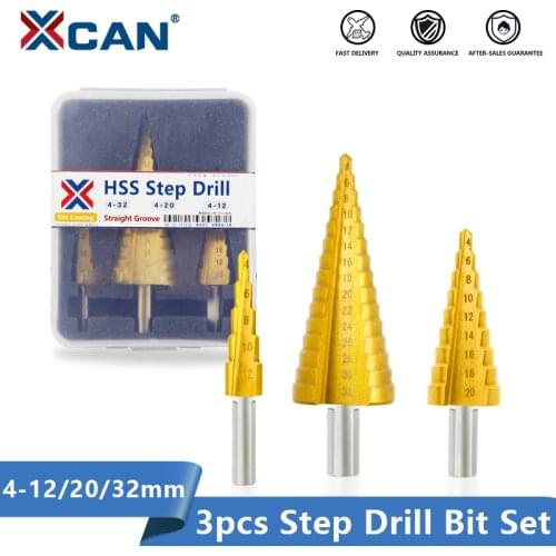 XCAN HSS Step Cone Drill Bit Set 3pcs 4-12/4-20/4-32mm Titanium Coated Wood Metal Drilling Tool Hole Cutter Core Drill Bit