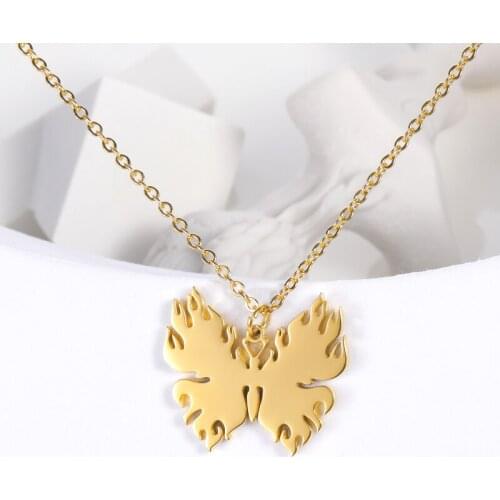 Gothic Flame Butterfly Pendant Necklace for Women Men Gold Stainless Steel Chain Hip-Hop Jewelry for Valentines Day Gifts