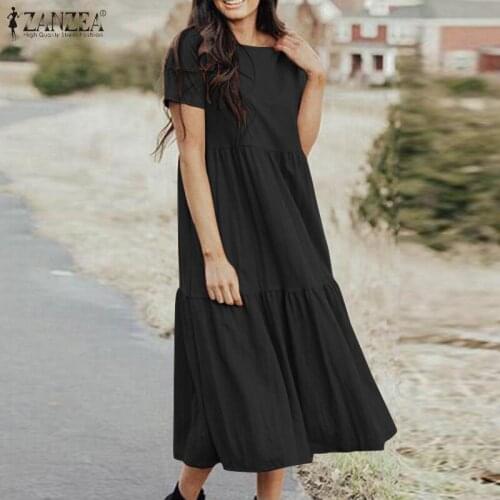 Women Elegant Short Sleeve Dress ZANZEA Summer Ruffles Sundress Casual Vintage Kaftan Dresses Solid Party Vestido Femme Robe