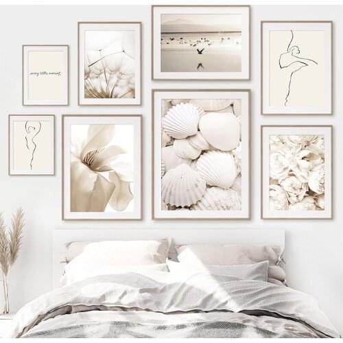 Beach Shell Flowers Poster Landscape Wall Art Canvas Painting Woman Line Nordic Print Modern Picture Living Room Home Decoration