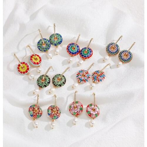 New Design Circle Round Enamel Flower Earring Women Vintage Geometric Statement Pearl Drop Earrings Female Korea Fashion Jewelry