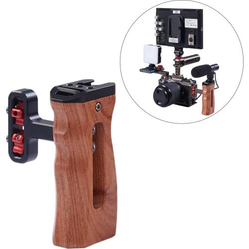 Universal Wood Handle Grip Mount for DV Video Cage Rig w/Cold Shoe 1/4” Thread holes , switch from the left to right quickly