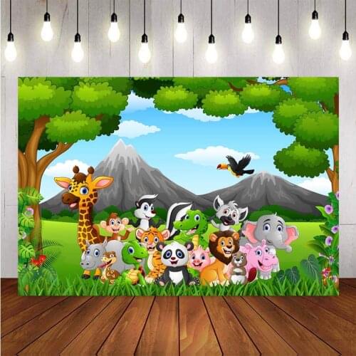 Photography Background Woodland Happy Birthday Backdrop Safari Zoo Animals Panda Giraffe Forest Vinyl Birthday Party Backdrops