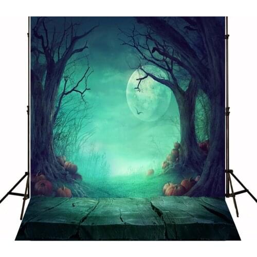 VinylBDS Halloween Moon Photography Backgrounds with Pumpkin Light Green Wood Block Photo Backdrops for Children Photo Studio