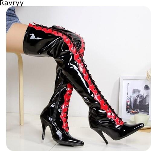 Cross-tied black red mixed color Woman long boots Pole dance Model Show Fun Club Party Female Shoes Pointed Toe Thin Heel 43 44