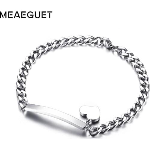 Personalized Engrave ID Name Bracelet For Women Customized Stainless Steel Chain Link Silver Bracelet Heart Bangle Jewelry 8mm