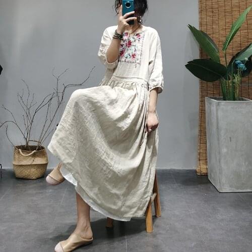 Spring Summer Dress Retro Women Loose Casual Dress New O-Neck Half Sleeve Spliced Embroidery Mori girl Dress