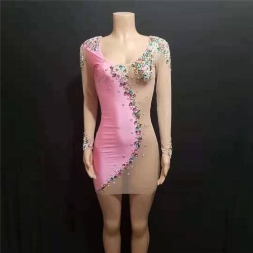 T28 Pink splice femlae mesh dress sexy evening Hip skirt pearl see-through outfit stage costume party wears outfit clothing dj