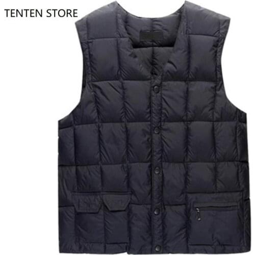 Winter Men Ultra Thin Down Cotton Vest Jacket Coats Plus Sizes Mens Padded 5 Buttons V Neck Warm Sleeveless Gilet Jacket Black