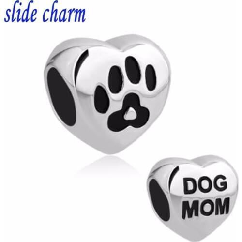 Slide charm Free shipping Heart Love Dog Mom Pet Paw Print Bead fit Pandora bracelet