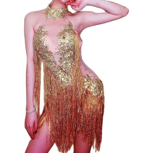 Sparkly Diamonds Gold Tassel Women Dresses Sleeveless Mesh Transparent Short Dresses Nightclub Stage Performance Costumes