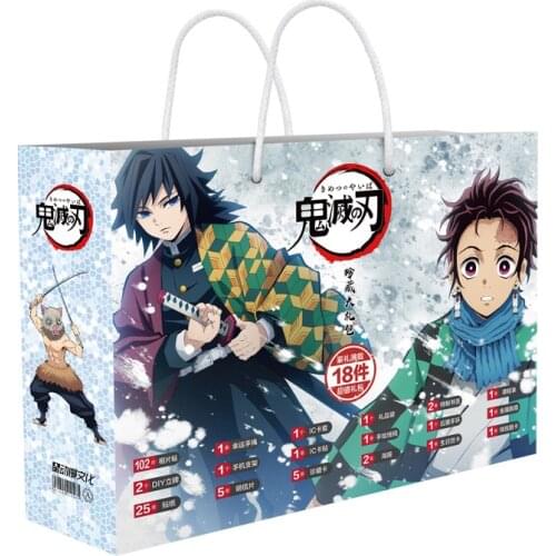 Demon Slayer Kimetsu No Yaiba Anime Lucky Gift Bag Collection Toys With Postcard Poster Badge Stickers Bookmark Birthday Gifts