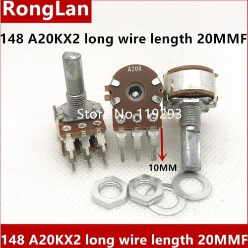 148 type double 6-pin potentiometer A20K A20KX2 amplifier audio volume adjusting long foot potentiometer shaft 20MMF-10pcs/lot