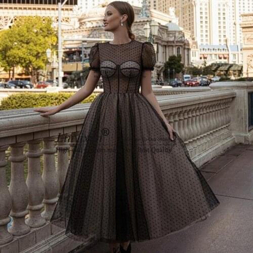 Elegant Prom Dresses Moddest Polka Dots Tulle Formal Evening Dress Scoop Neck Ankle Length Prom Gowns Custom Made
