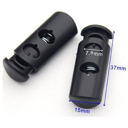 K-209 70 pcs / lot big black plastic round ball cord lock toggles 2-hole spring stoppers 7.5mm bungee shock cord free shipping