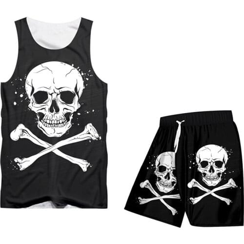 OGKB Black Tank Top And Shorts Suits For Men Cool Print Skeleton Bone 3d Summer Sport Tracksuit Two Piece Set Hiphop Streetwear