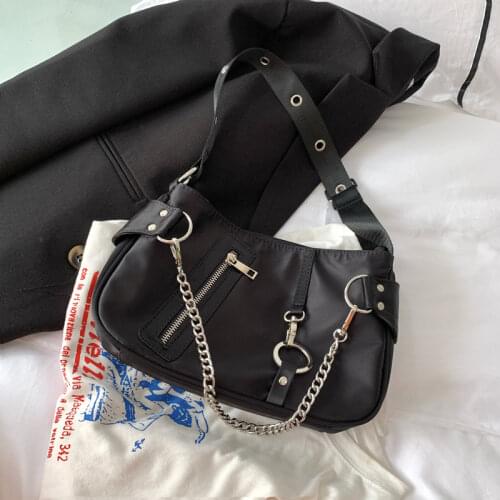 Fashion Design Women Underarm Bag Vintage Nylon Ladies Baguette Shoulder Bags Female Cool Girls Chain Black Tote Purse Handbags