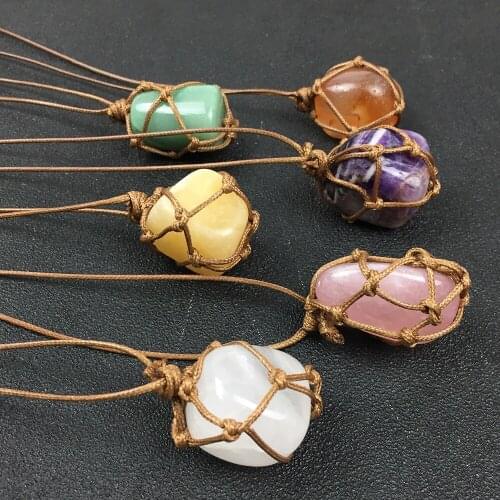 Raw Stone Reiki Healing Mineral Agates Natural Quartz Necklace Amethysts Crystal Pendant Necklaces Wrap Braid Femme Collier