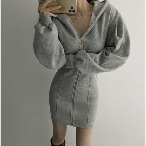 JMPRS New 2021Fleece Sweatshirt Dress Fashion Korean Sexy Slim Long Sleeve Zipper Hooded Black Mini Dress High Waist Vestidos
