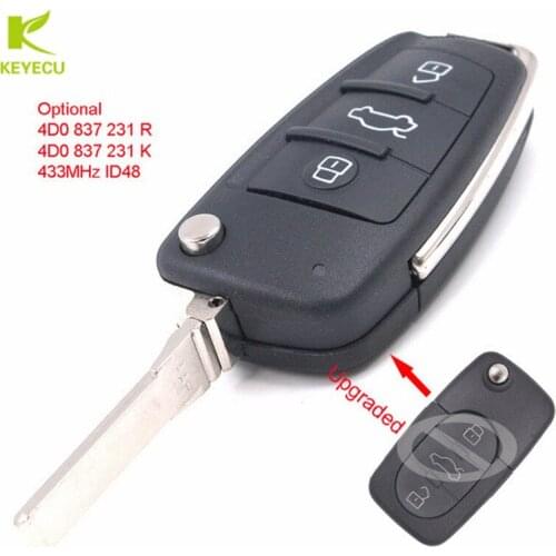 KEYECU New Upgraded Flip Remote Car Key Fob 3 Button 433MHz ID48 for Audi 4D0 837 231 K / 4D0 837 231 R Optional