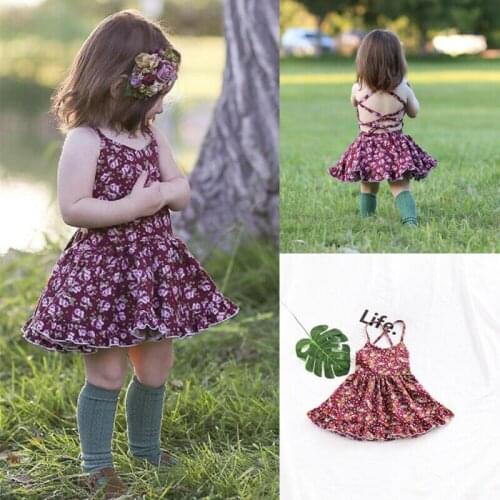 Toddler Baby Girl Clothes Flower Print Strap Backless Ruffle Dress Party Princess Floral Dress Outfits Clothes