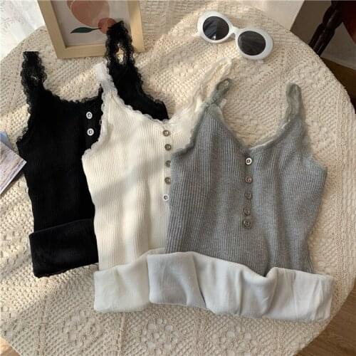 Thick Underwear Thermal Underwear Tops Winter Warm Keeping Solid Color Stretch Women Lace Button Up Sleeveless Tank Tops
