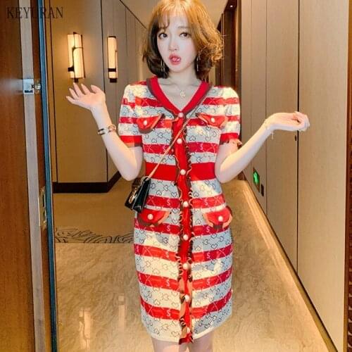 Casual Summer Sweater Dress 2021 Fashion V neck Female Short Sleeve Ruffles Striped Printed Knitted Mini A line Dress