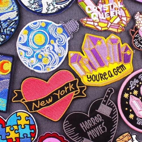 Pulaqi Van Gogh Stripes Embroidered Patches Cartoons Gem Applique Badges Patch Iron on Love Heart Patches for Clothes Stickers