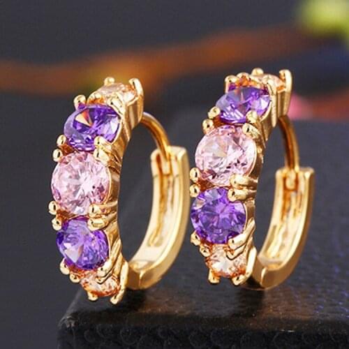Luxury Gold Plated Pink Purple CZ Hoop Earrings for Womens Cocktail Party Small Hoop Earrings Wedding Earrings Bridal Jewelry