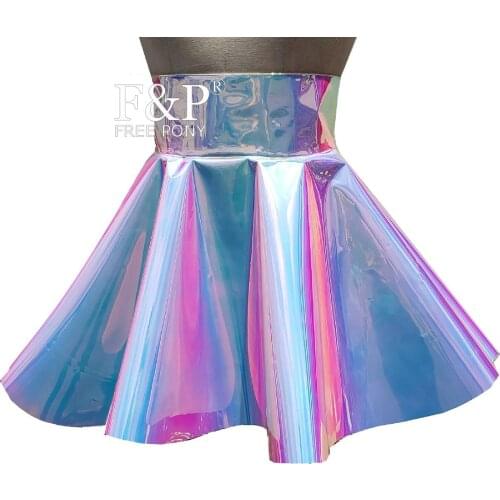 Handmade Plus Size Clothing Rainbow Holographic PVC High Waist Skater Skirt Women Rave Clothes Outfits Flare Circle Skirts