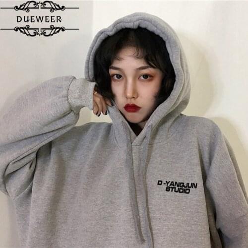Dueweer Hoodies Womens Sweatshirts Pullovers Women Simple Letter Embroidered Trendy Retro Casual Loose Students All-match