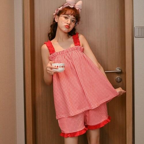 Womens pajamas Summer new thin sling shorts plaid pants can wear outside the womens home suit set