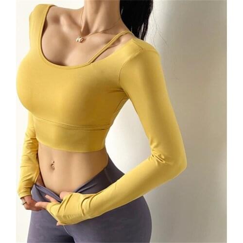 Women U Shape Sports T Shirt Nylon Yoga Top Gym Bodybuilding Sexy Workout Beautiful Long Sleeves Fitness Shirts Clothes