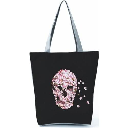 Halloween Skull Floral Printed Tote Bag With Zipper Large Shoulder Bag For Women Portable Travel Bag Daily Shopping Bag Retro