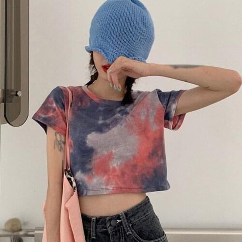 Women Tie Dye Short Tee Short Sleeve Round Neck Casual Crop Tops Fashion Colorful Print T Shirts