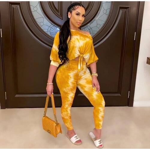 Tie Dye Print Womens Sport Suit One Shoulder Half Sleeve Loose Crop Top and Pencil Long Legging 2021 Summer Casual Tracksuits