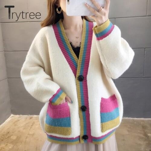 Trytree 2020 Autumn Winter Women Sweater Casual V-Neck Single Breasted Patchwork Computer Knitwear Pockets Loose Sweater Tops
