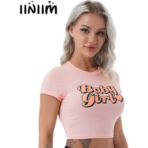 Womens Fashion Letter Print Ribbed Crop Top Round Neck Short Sleeve Cropped T-shirt Streetwear Female Camisole Vest Top