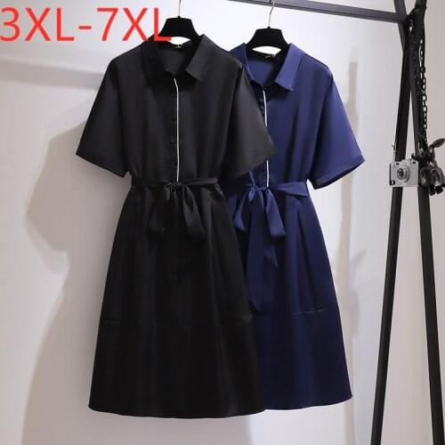 New 2021 Ladies Summer Plus Size Shirt Dress For Women Large Short Sleeve Loose Black Blue Belt Midi Dress 3XL 4XL 5XL 6XL 7XL