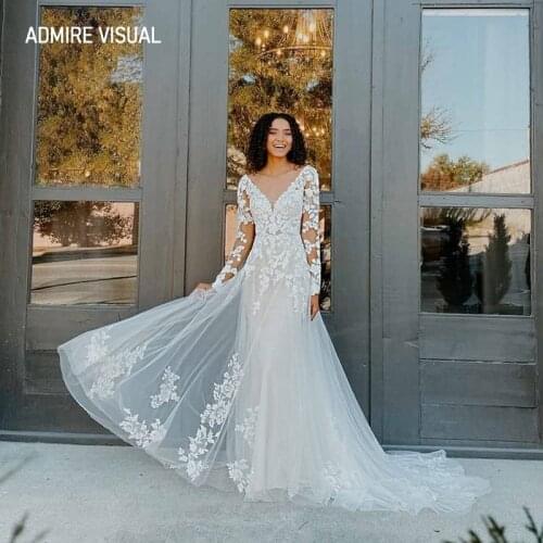 Newest Wedding Dress A-Line Deep V-Neck Neckline Full Sleeves Long Open-Back Plus Size Bride Gown 2021 Vestidos De Novia