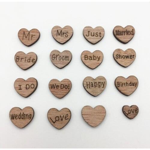 100pcs 15mm Rustic Wooden Love Mr Mrs Bride Groom Happy Hearts Craft Scrapbook Confetti Wedding Table Decorations