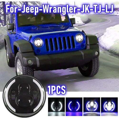 7" LED Headlights with Blue Halo Ring Angel Eyes for Jeep Wrangler JK TJ LJ 1997-2018 Car Lights