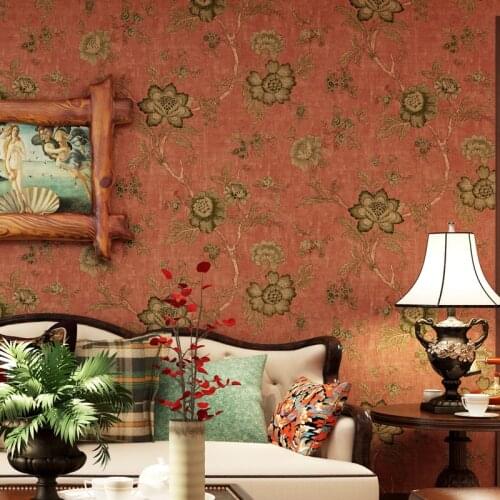 American big flower wallpaper classic country retro sofa TV background Hermes orange orange red orange red wallpaper