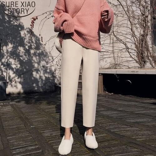 Thick Woolen Pants Women Autumn and Winter High Waist Loose Wide Leg Harem Pants Solid High Elastic Waist Casual Trouser 12113