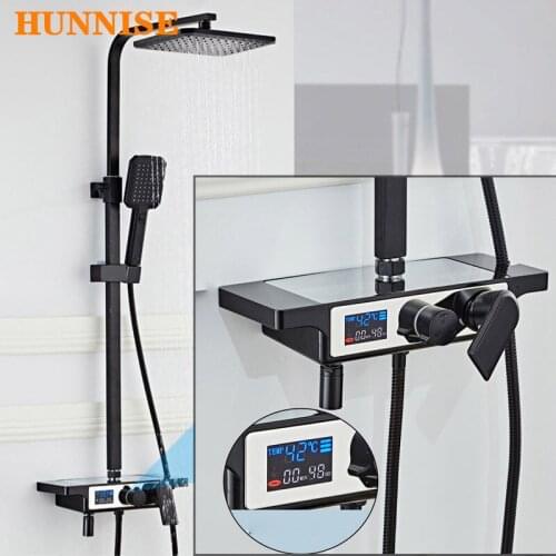 Digital Shower Set Luxury Black Chrome Bathroom Shower Faucet System Rainfall Shower Head System Temperature Digital Shower Set